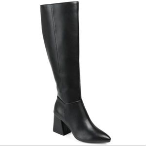 Knee high black vegan leather block heel boot